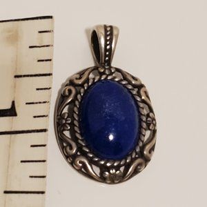 Vintage Stamped 925 Silver Navy Blue Oval Pendant
